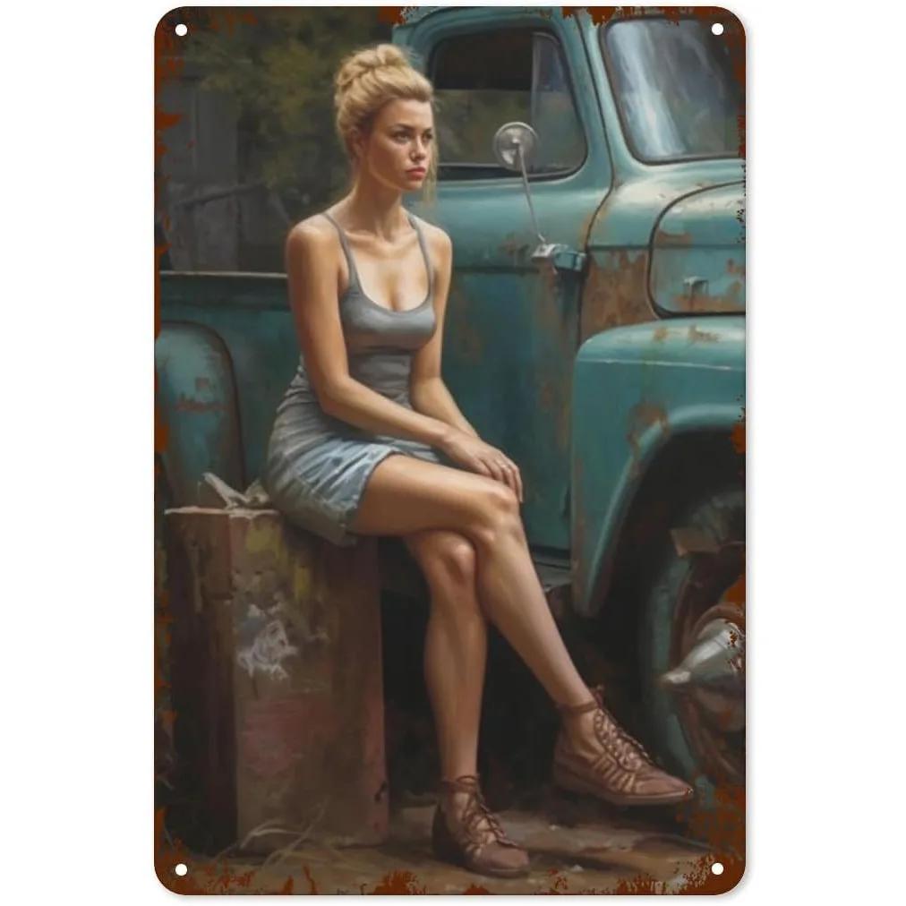 Metall Blechschilder Pinup Auto Mädchen Wanddekoration Plakette Vintage Kunst Poster Eisenmalerei für Man Cave Zuhause Café Garage Club Bar