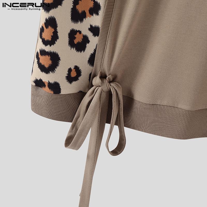 INCERUN Men V Neck Short Sleeve Leopard Patch Bow Knot Casual T-shirts