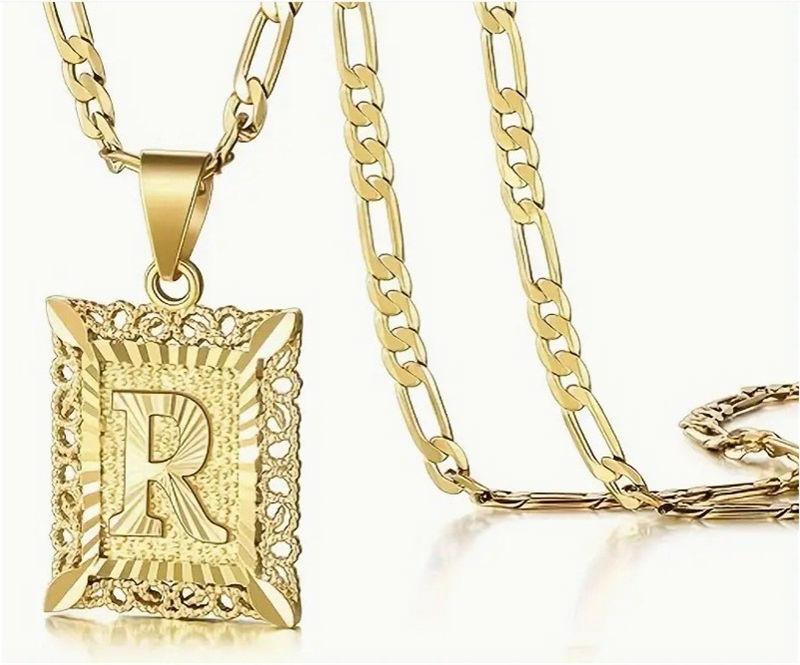 Initial Letter Pendant Necklace for Men Women 14K Gold Plated Square Necklace 26 Letters Long Chain Necklace GZW