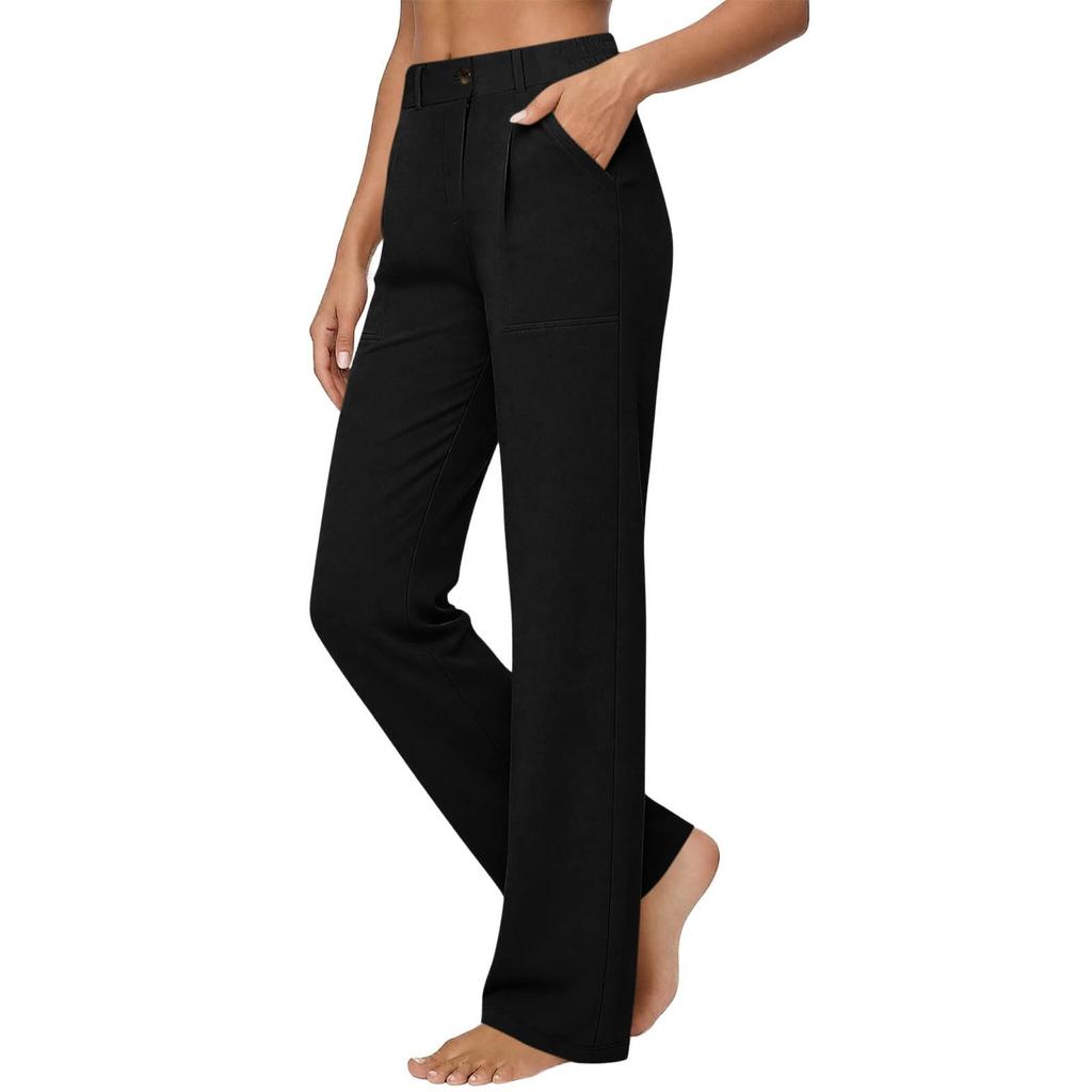 Women’s High Elastic Straight Leg Casual Pants with Waistband and Side Pockets Suitable for Everyday Wear and Office