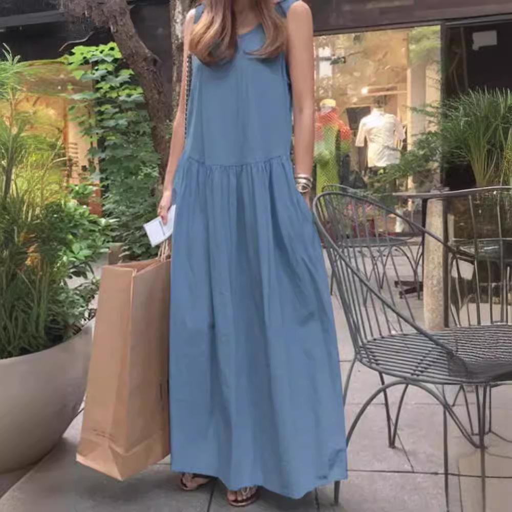 Colete Casual de Verão com Gola Redonda Sem Mangas Tamanho Grande Solto Cor Sólida Vestido Longo Fluido