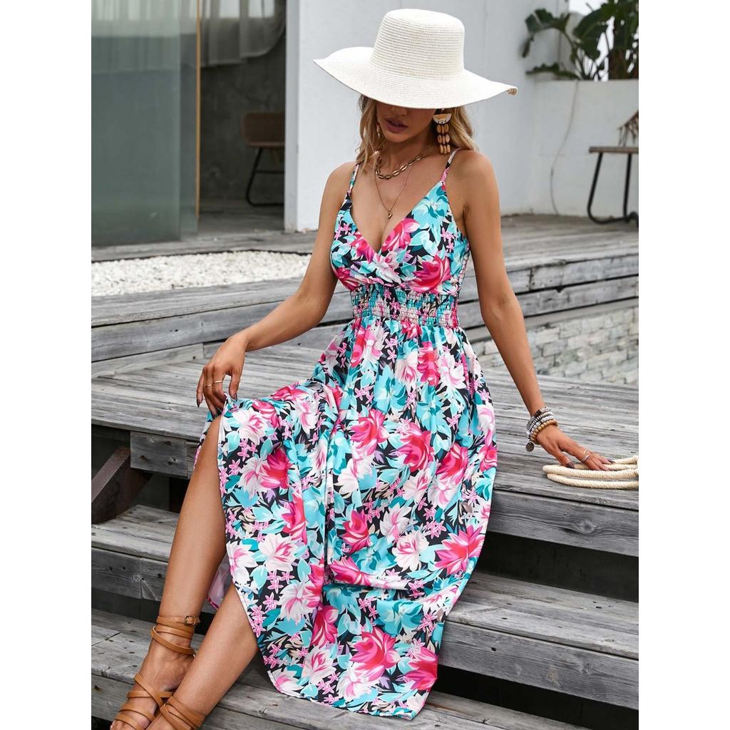 Summer Women's Floral Print V-neck Spaghetti Strap Waist-cinched Dress, European Style Casual Sundress For Women