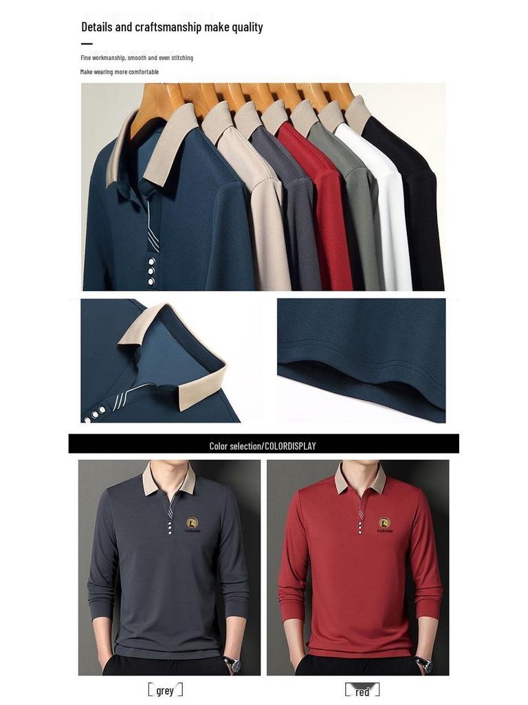 Woodpecker Men's Long-Sleeve Solid Color Polo Shirt with V-Turn Collar for Spring and Autumn.