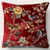 Vintage Red Floral Bird Pillow Cover Faux Embroidery Style Peony Print Elegant Cushion Case For Sofa Bed Couch Home Decor