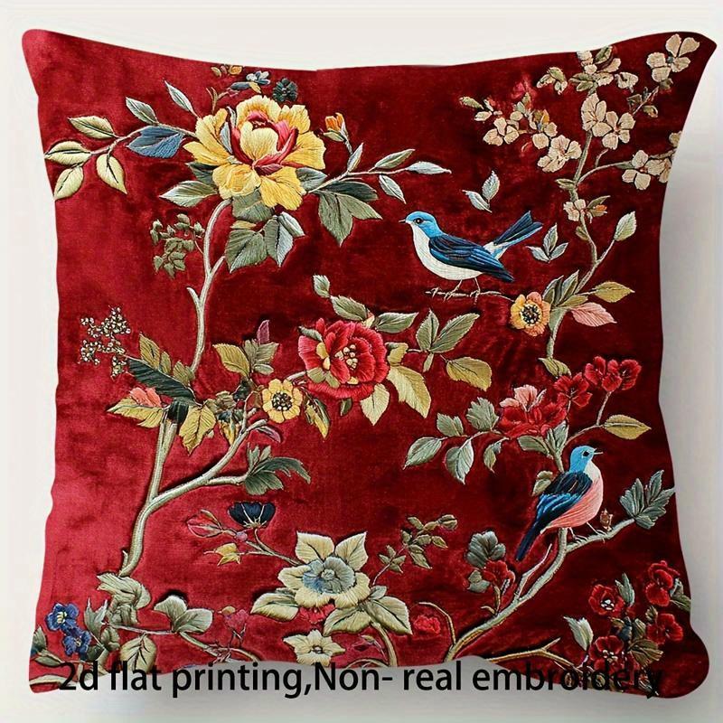 Vintage Red Floral Bird Pillow Cover Faux Embroidery Style Peony Print Elegant Cushion Case For Sofa Bed Couch Home Decor