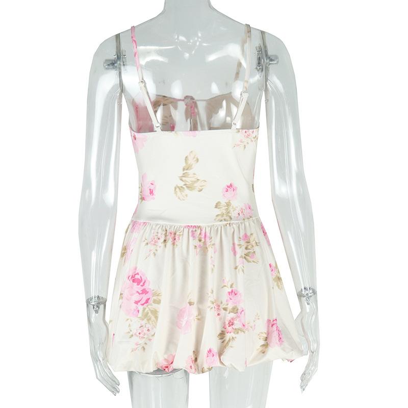 Dámský temperament Elegantní Větruvzdorný Módní Potisk Design s Vysokým Pasem Krátké Špagetové Ramínko Princeznovská Sukně