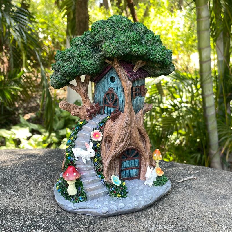 Solar Lamp Elf Tree House Resin Statue, Garden Elf House Statue, Fairy Tale Landscape Sculpture Ornament, Courtyard Home Desktop Decoration