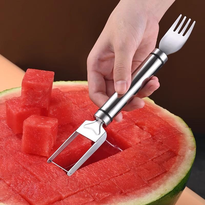 Stainless Steel Double-Headed Watermelon Slicer & Fruit Fork Tool.