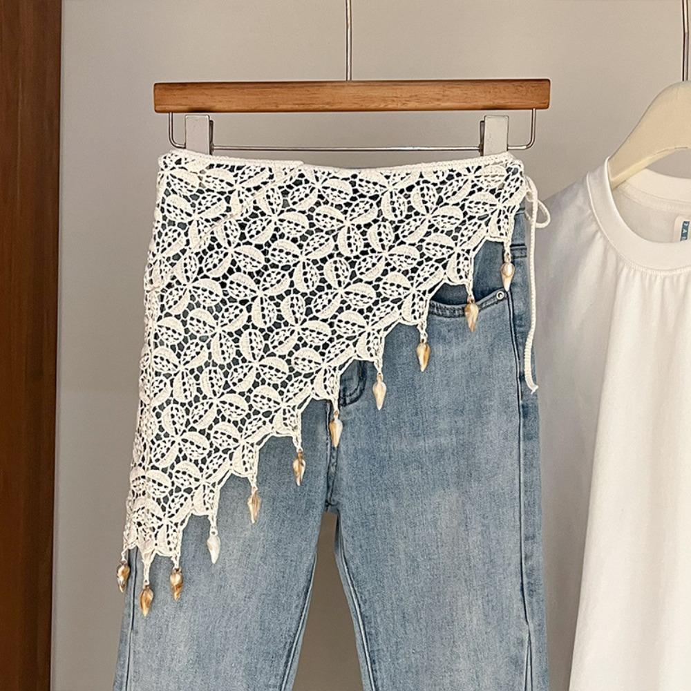 Böhmischer Fransen-Strick-Dreiecksschal Landhausstil Ethnischer Stil Häkelblumen-Schals Kleiderdekoration Weiß