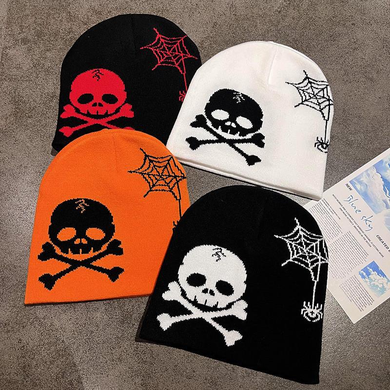 Knitted Fashion Hat With Skull And Spider Web Embroidered Design Halloween For