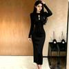 Autumn Winter Round-Neck Folds Cross Slim Sheath Knitted Mid-Length Dress for Women Elegant Solid Splice Long Sleeves Sweater Dress