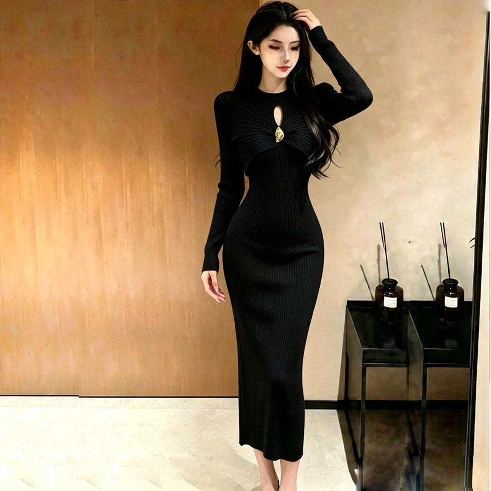 Autumn Winter Round-Neck Folds Cross Slim Sheath Knitted Mid-Length Dress for Women Elegant Solid Splice Long Sleeves Sweater Dress