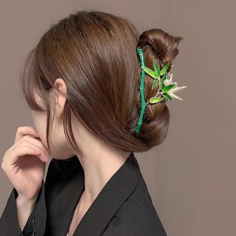 1Pc New Women's Retro Green Bamboo Hair Clips Women's Pearl Hair Clip Girl Styling Decorative Headwear