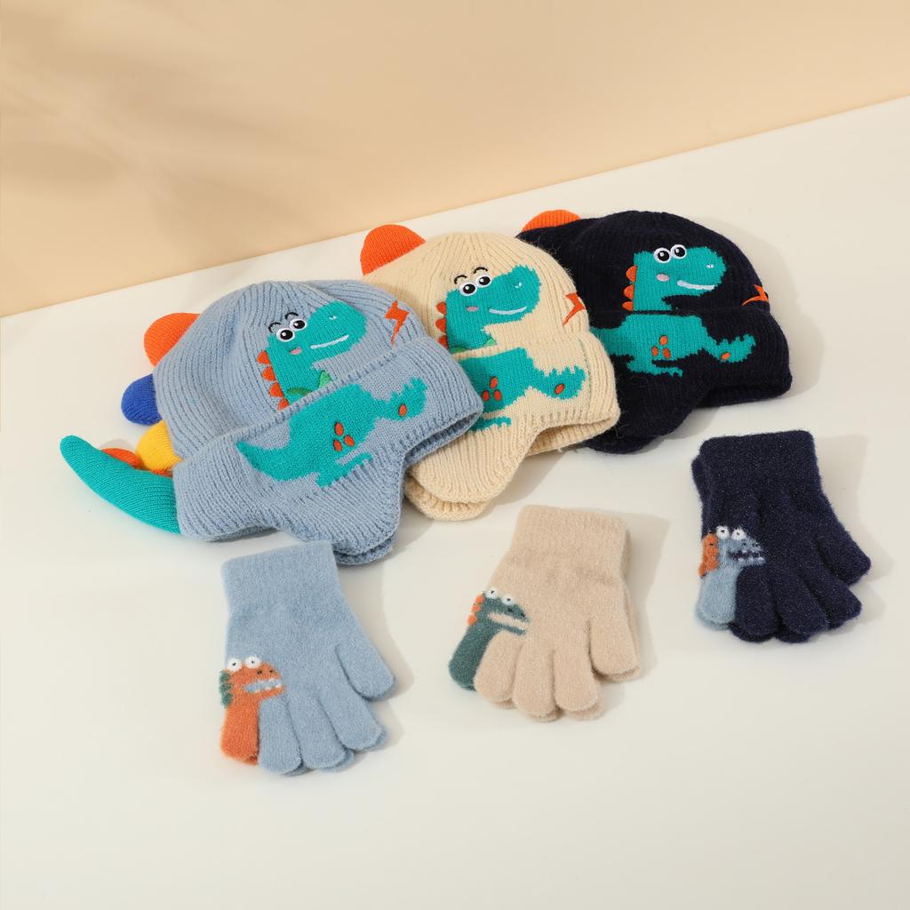 2pcs Youngsters's Hat and Glove Set Autumn Winter Thickened Warm Cute Dinosaur Knitted Beanie Windproof Protection Cap Suitable