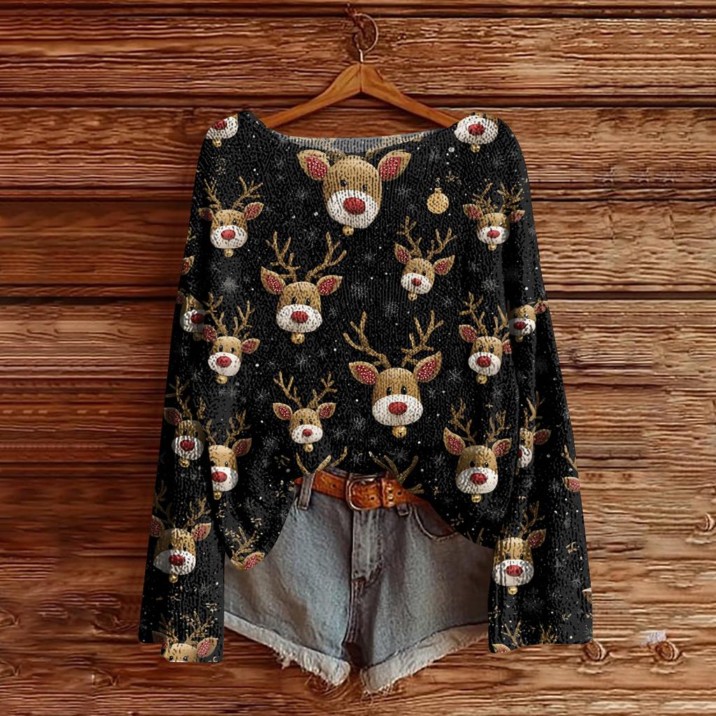 Women's Christmas Print Lightweight Sweater Casual Long Sleeve Knitted Pullover