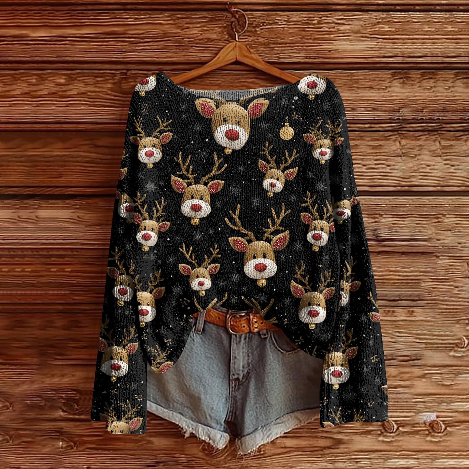 

Женский легкий свитер с рождественским принтом, повседневный вязаный пуловер с длинным рукавом XXL чёрный