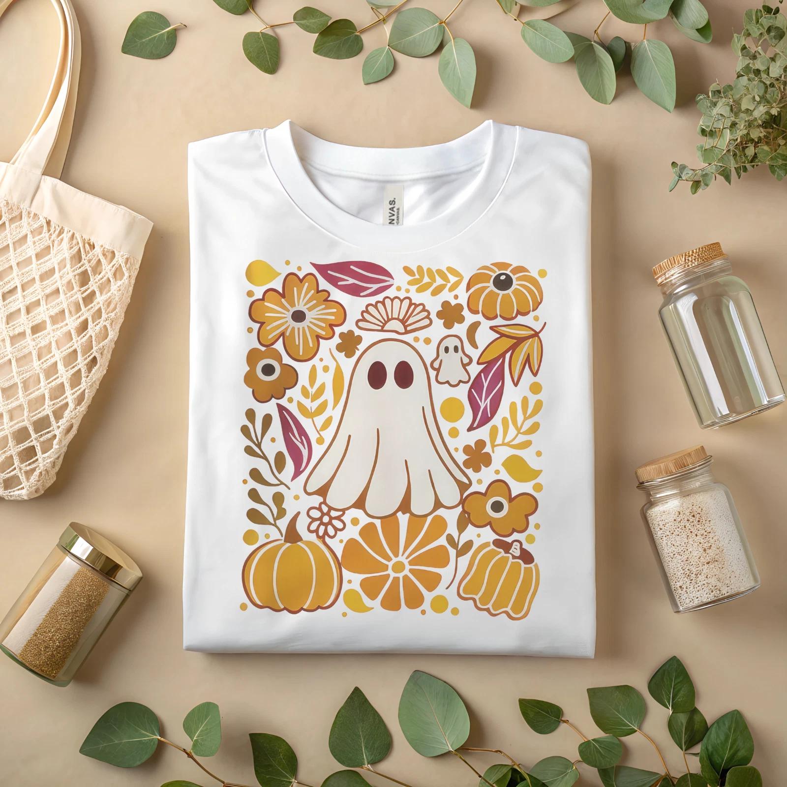 Cute Ghost Halloween Pumpkin Floral Graphic Tee Autumn Aesthetic A164 4XL