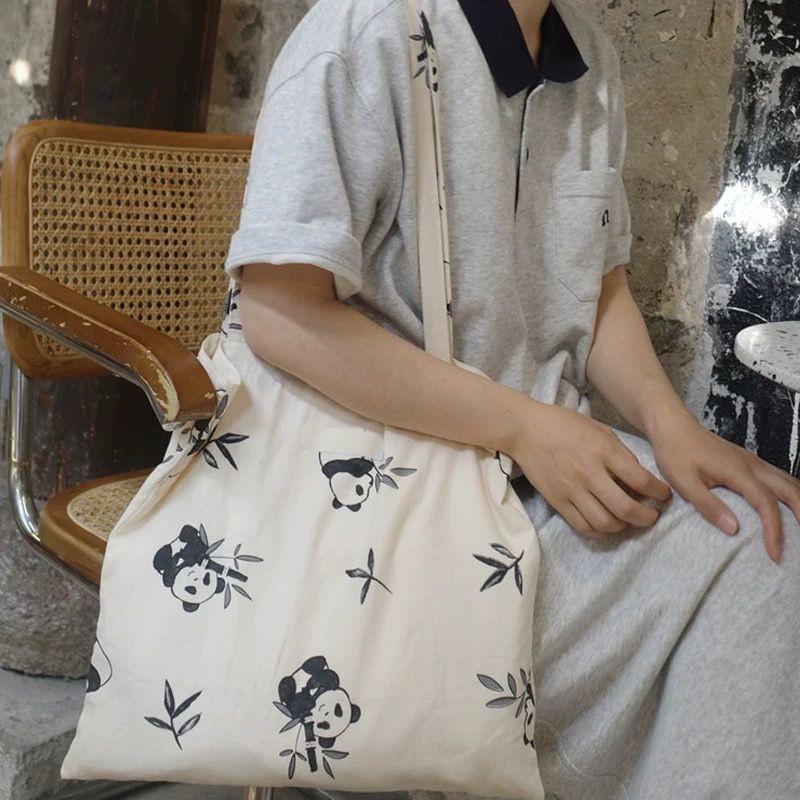 New Style Niche Panda Printed Shoulder Bag Pure Cotton Thin Casual Canvas Korean Retro Women s