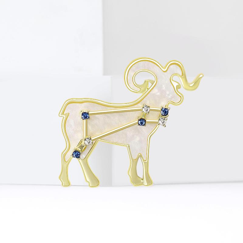 Aries Zodiac Elegant Shell Goat Brooch Sparkling Rhinestone Stars Brooches Pins Designer Jewelry Gift