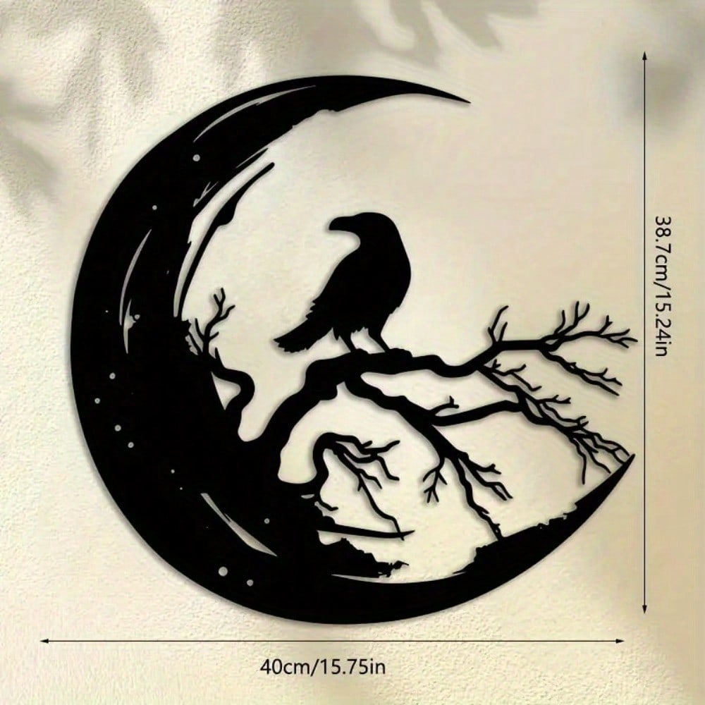 Gothic Moon & Crow Metal Wall Art, 15.75" Laser Cut Iron Crescent Sculpture for Home Garden Decor