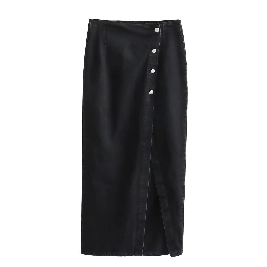 Women's European & American Short Denim Vest + Double Lapel Midi Skirt Set