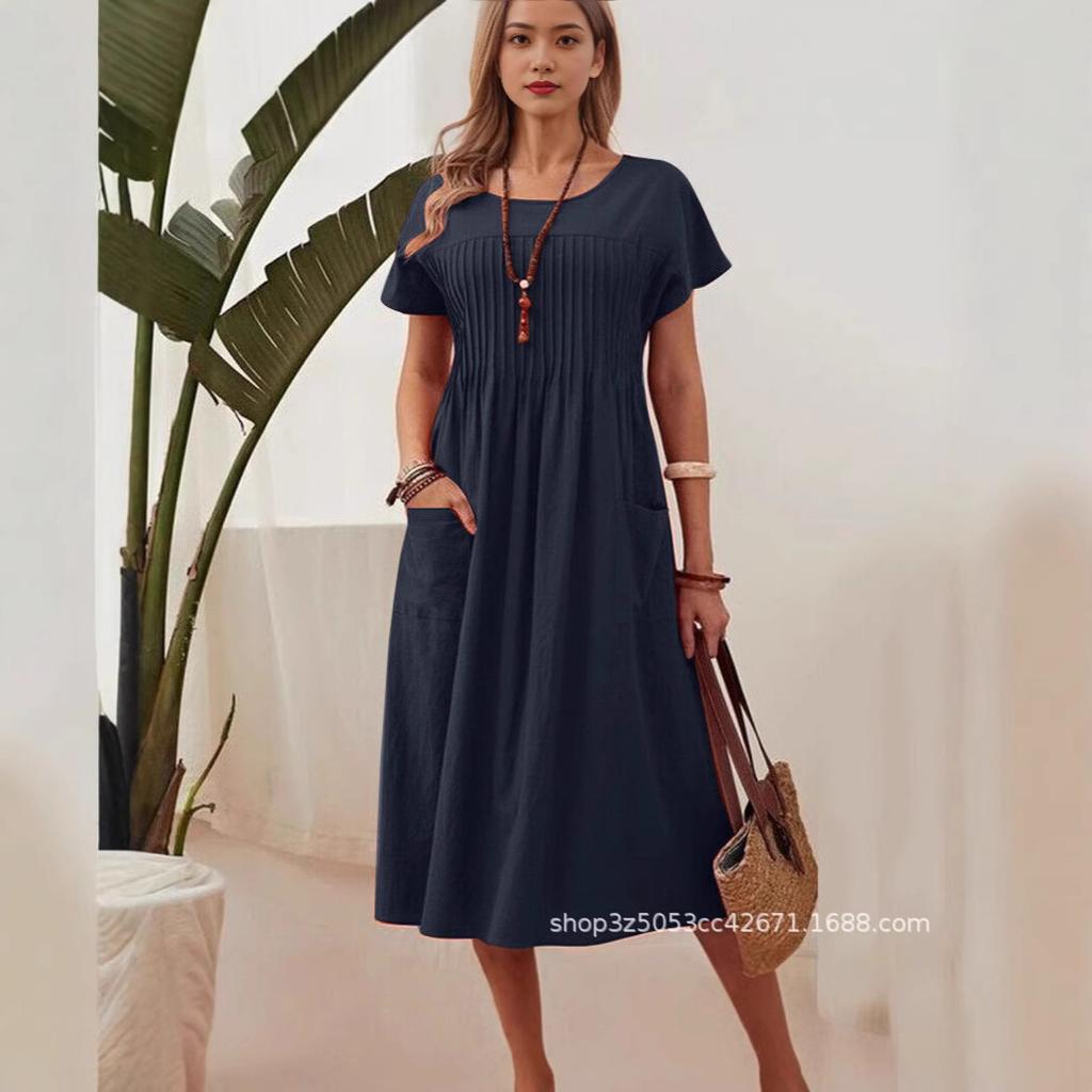 Nouvelle robe d'été grande taille pour femme, décontractée, col rond, avec poches, coupe ample, en coton et lin