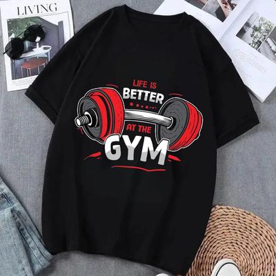 Fitnessstudio Hantel Grafik T-Shirt Kräftiger Schriftzug Druck Streetwear Stil Fitness Thema Oberteil Lässiges Kurzarmshirt für Unisex DAMEN