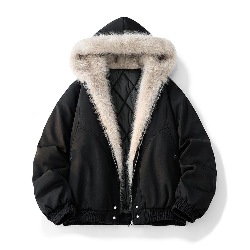 Parker Workwear Cotton Jacket Men and Women Section of The Fall and Winter Hair Collar Cotton Jacket Thickened Couples Paragraph Hooded Cotton Jacket