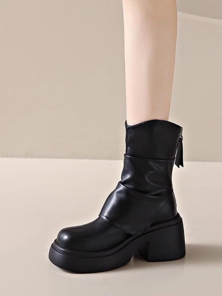 Leather Platform Women's Half High Boots Autumn Winter Round Toe Ladies Mid Calf Shoes New In Gothic Work Gyaru Trend 2025 Boot