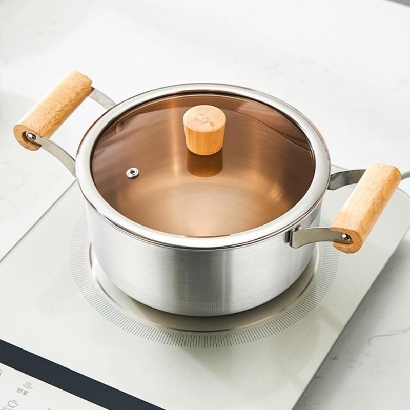 Aluminum Soup Pot with Double Wooden Handle and Glass Cover for Gas Induction Cooktops Multipurpose Cooking Application