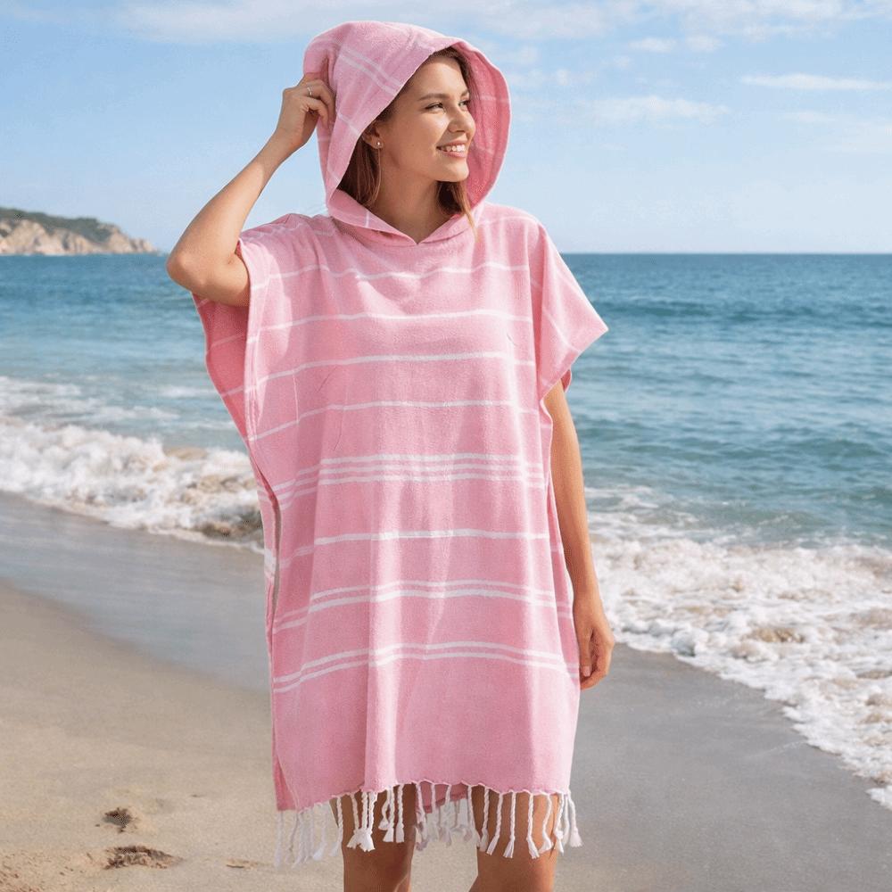Wearable Sand-proof Hooded Beach Towel Loose Stripe Patchwork Bathrobe Soft Cotton Travel Supplies Bath Towel Beach