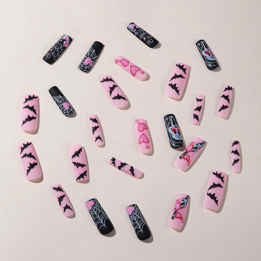 Halloween Long Stiletto False Nails - Heart & Bat Design for a Festive Atmosphere