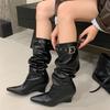 Mi Ting European and American style, belt buckles piled up, thin, pointed toe, slope heel, long boots, light luxury style, but knee boots, long boo