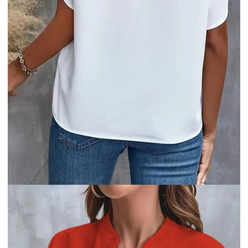 Damen 2025 Sommer Casual Einfarbig V-Ausschnitt Locker Bluse Tops für Damen