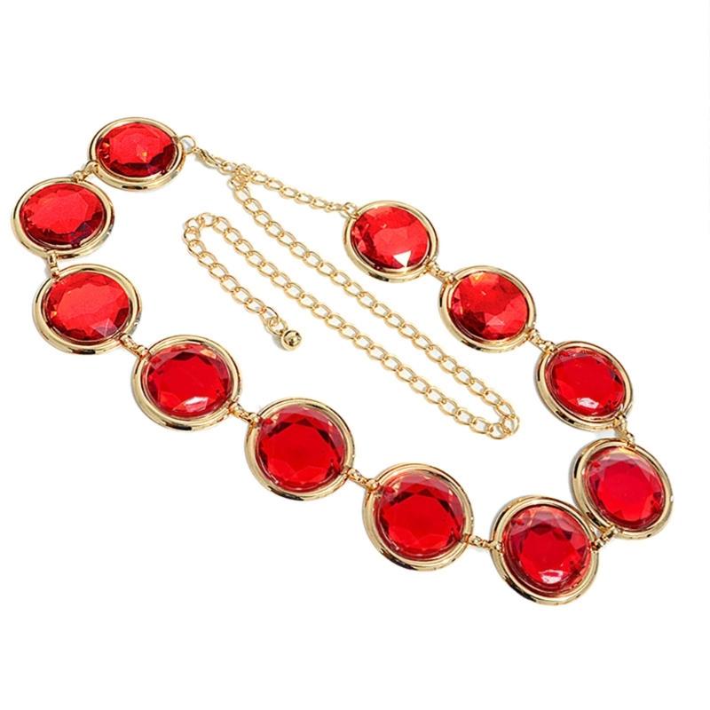Halloween Cosplay Waist Belt Stone Chain Adjustable Tight Jeans Dress Belt Chain with Round Red Gems Party Costume