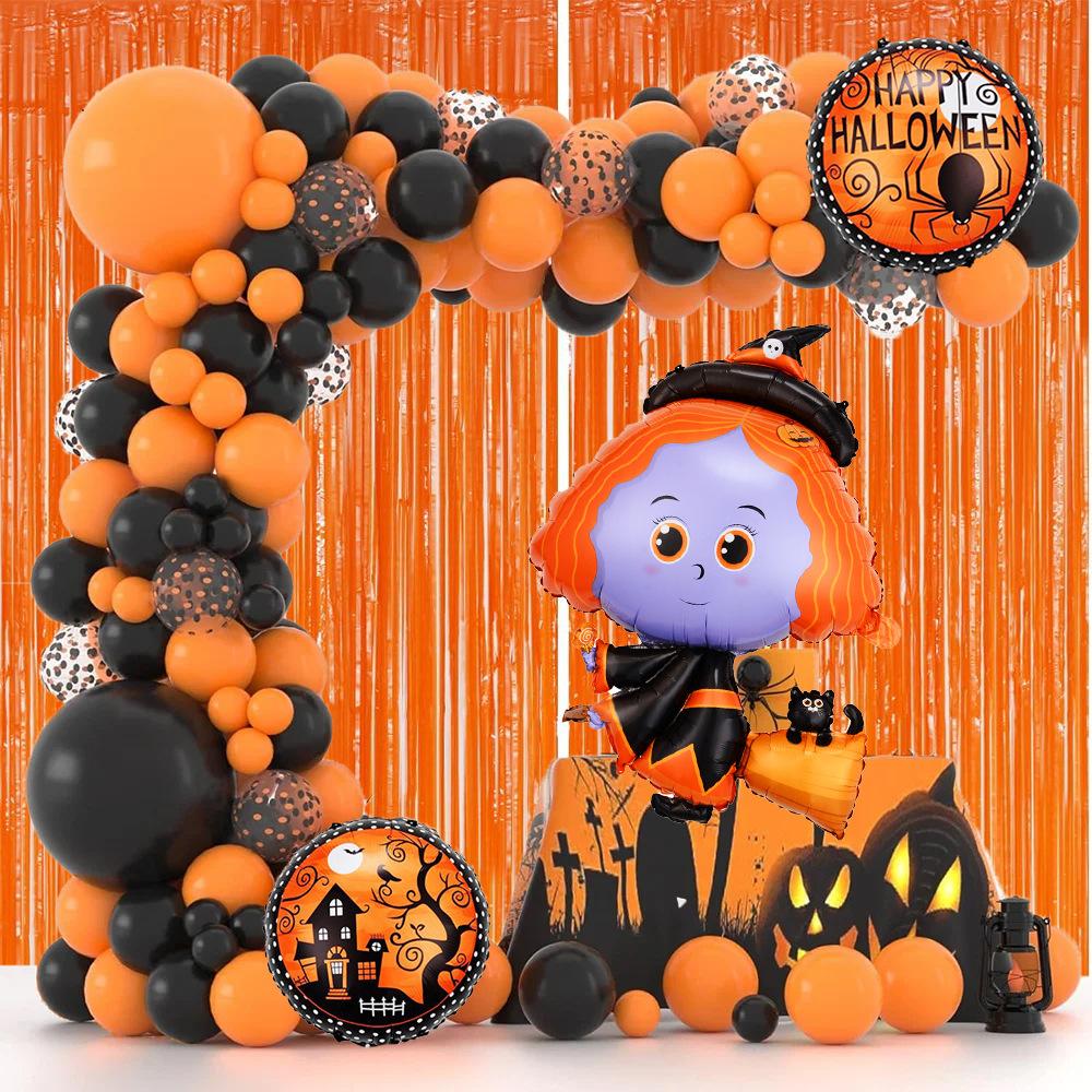 Halloween Balloon Wreath Pumpkin Aluminum Film Black Orange Latex Balloon Chain Rain Curtain Package Holiday Party Scene Decoration