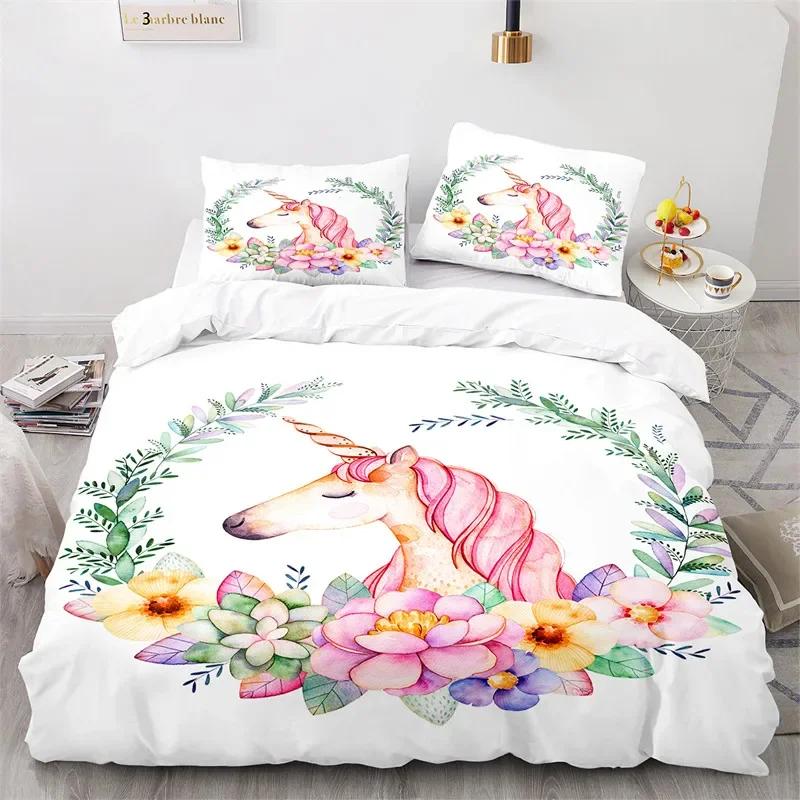 Cartoon Unicorn Duvet Cover Floral Rainbow Quilt Cover Microfiber 3D Girl's Eyelash Bedding Set Full For Kids Teen Kawaii Room