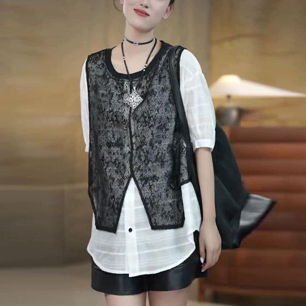 Korean Summer Lace Crochet Leaf Vest Spliced Women's Loose Pullover Top