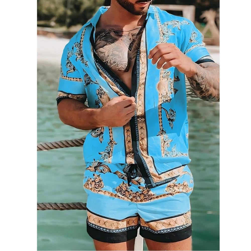 New Beach Set: Men’s Short-Sleeved Shirt and Shorts – Casual Printed Beach and Holiday Set