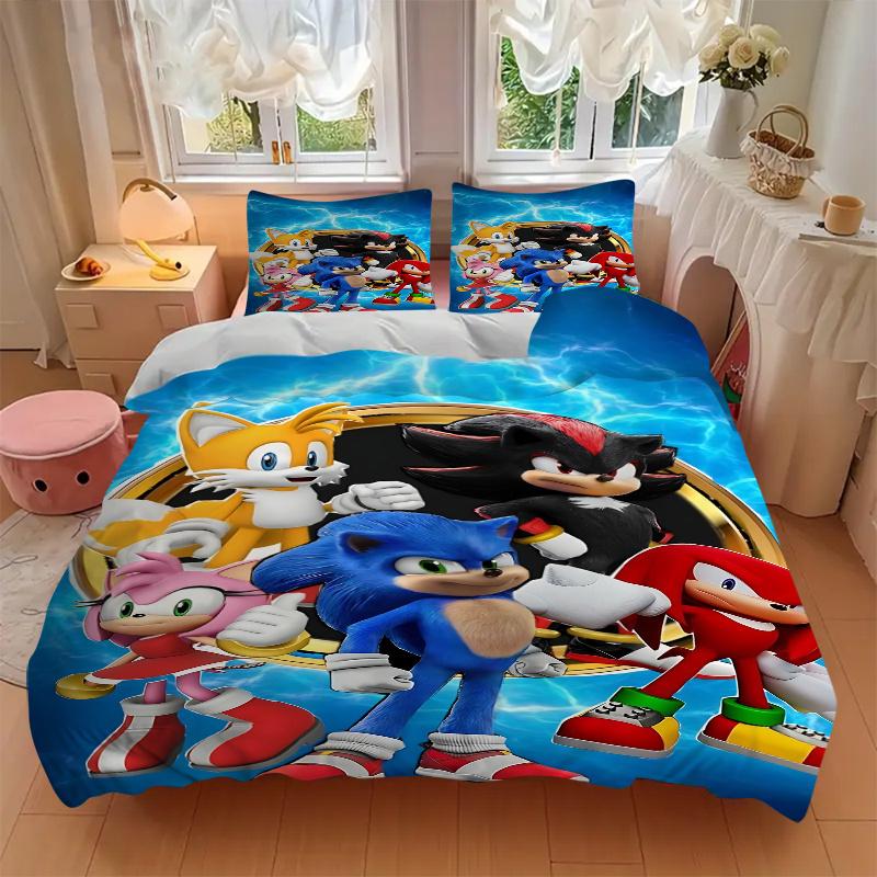 3pcs Sonic the Hedgehog Home Bedding Set-Universal Three-Piece Suit for Bedroom, Guest Room, Living Room, Hotel-Perfect Gift for Fans, Trave