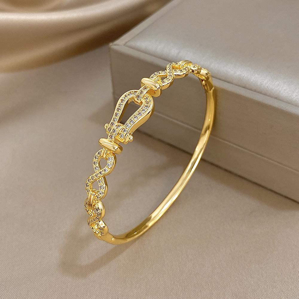 Luxury Gold Plated Inlaid Zircon Irregular Bracelet for Women Elegant Horseshoe Buckle Infinite Symbol Open Bangle Jewelry Gift