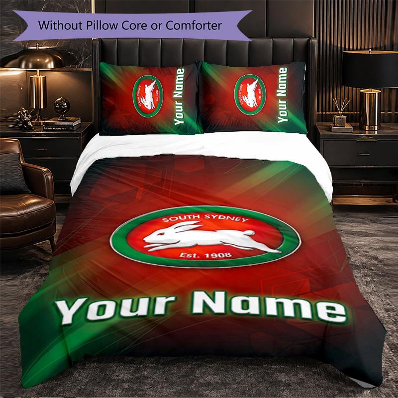 South Sydney Rabbitohs Customized Name Text Bedding Set, 1 Duvet Cover & 2 Pillowcases Personalized Bedroom Gift