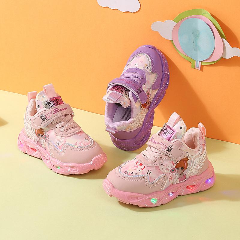 New Kids LED Sneakers Cute Cartoon Princess Girls Shoes Non-Slip Light Up Casual Sneakers For Toddler