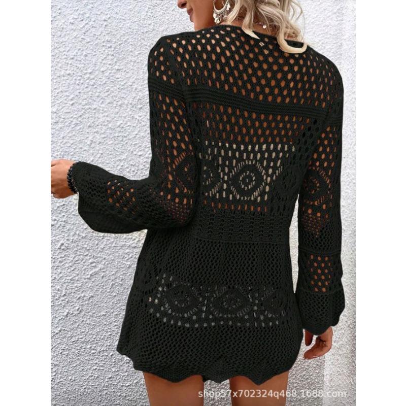 Women V Neck Long Sleeve Hollow Out Knit Cardigan Sun Protection Beach Cover Up Outerwear