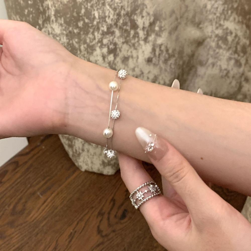 Bracciale in argento puro S925 con zirconi francesi a doppio strato, sfera Shambhala, perla, perla d'acqua dolce naturale