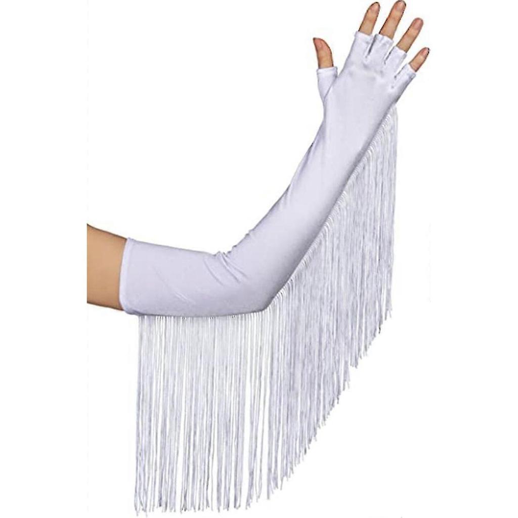 Ladies Sexy Extra Long Women's Tassel Satin Gloves Satin Half Finger Gloves(White) - DD01