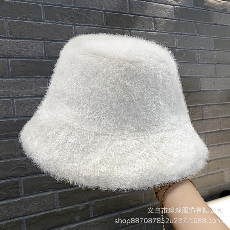 Autumn and winter new solid color bucket hat women's fashion show small face warm fluffy basin hat simple imitation mink bucket hat