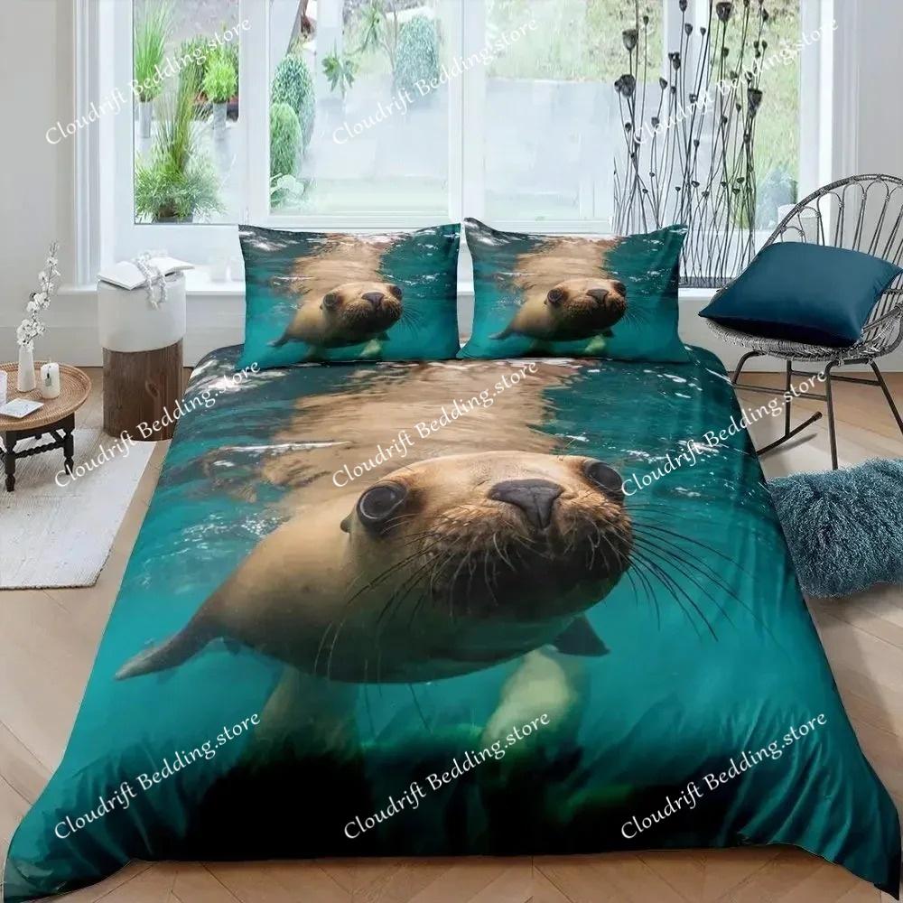 Siegel Bettbezug King Size Schönes schwimmendes Siegel Bettwäsche-Set Niedlicher Ozean Exotischer Stil Meeresleben Polyester Deckenbezug