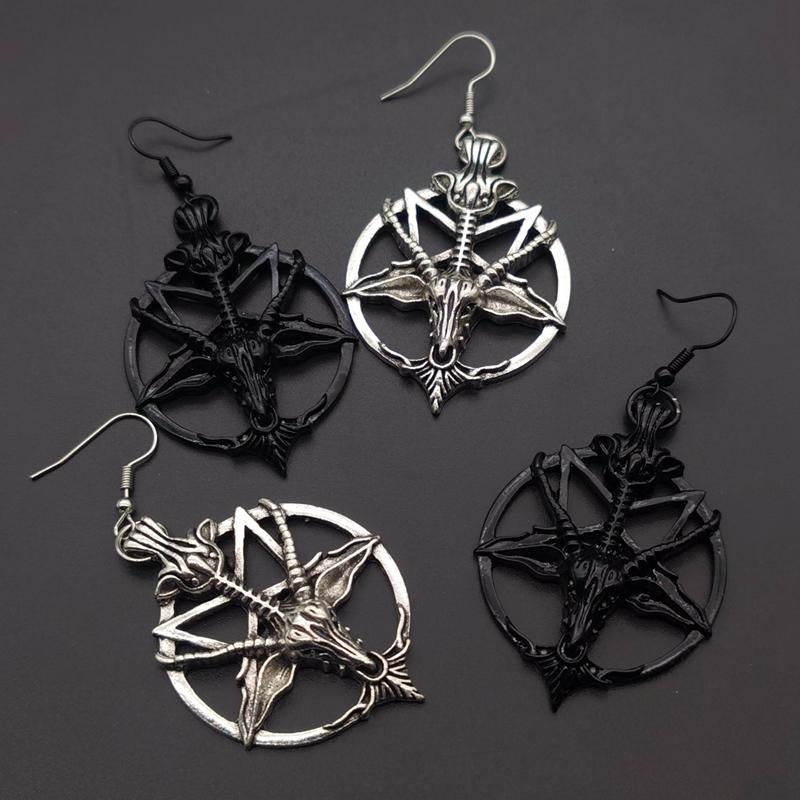 New Fashion Glamour Retro Women's Pentagram Pan God Skull Goat Head Pendant Earrings Black Silver Color Gothic Witch Jewelry