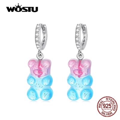 WOSTU 925 Silver Pink Blue Cute Candy Bear Stud Earrings For Women Fashion Party Jewelry Gift CQE1388